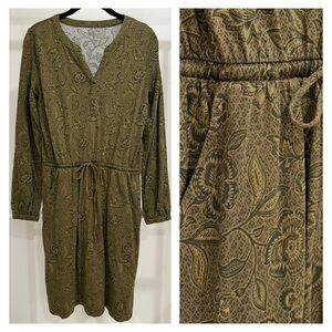 Garnet Hill Organic Cotton Long Sleeve Drawstring Olive Green Floral Dress